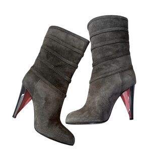 John Richmond Suede Stiletto Booties Gray 5.5 | Chic Italian Glam Red Heel NWOB